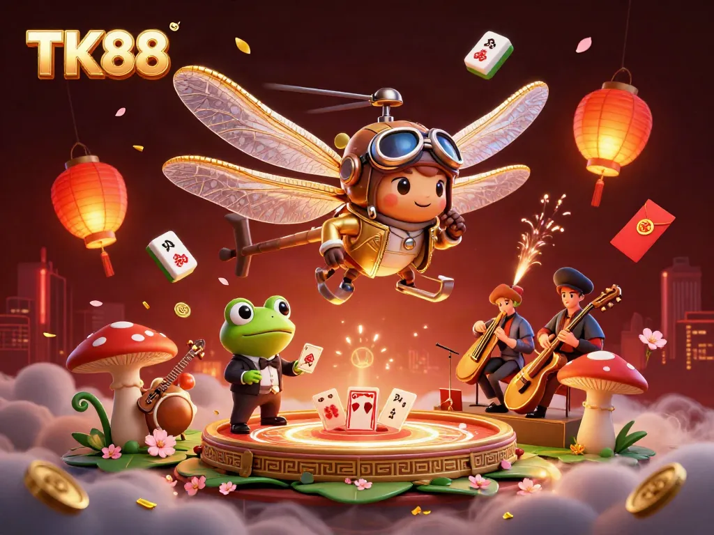 TK88 platform illustration featuring a dragonfly pilot, frog croupier, and jazz musicians in a vibrant setting.
