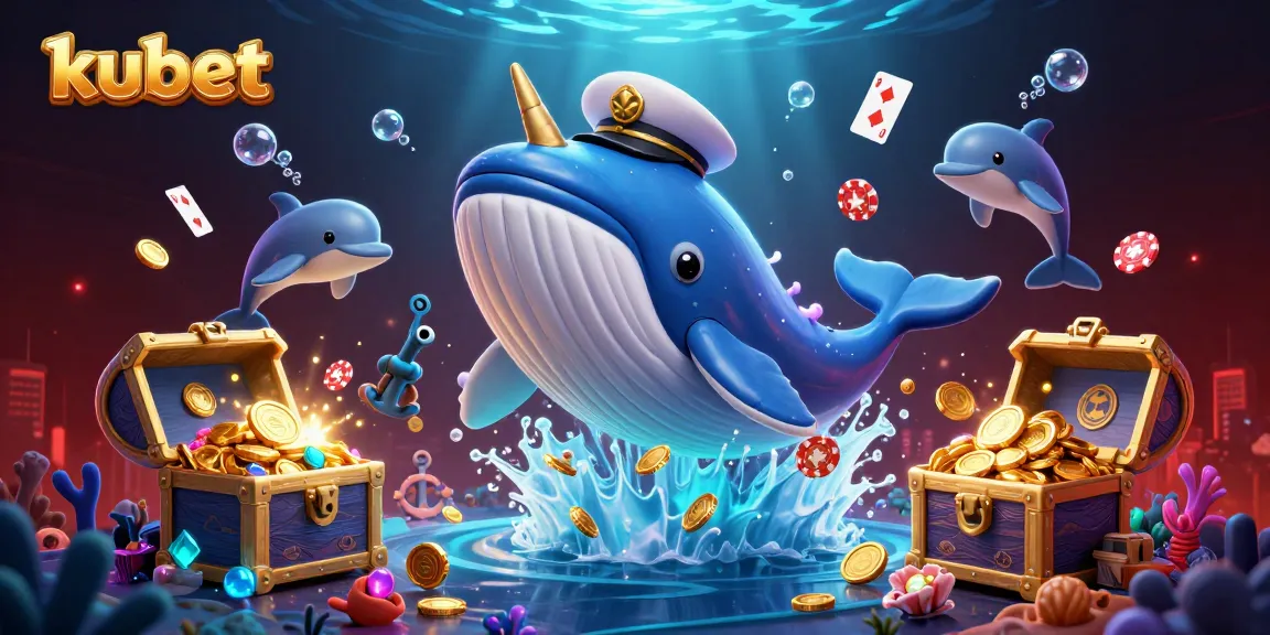 Kubet's thrilling scene shows a cartoon whale captain breaching through coins with dolphins and a narwhal, symbolizing engaging gambling.