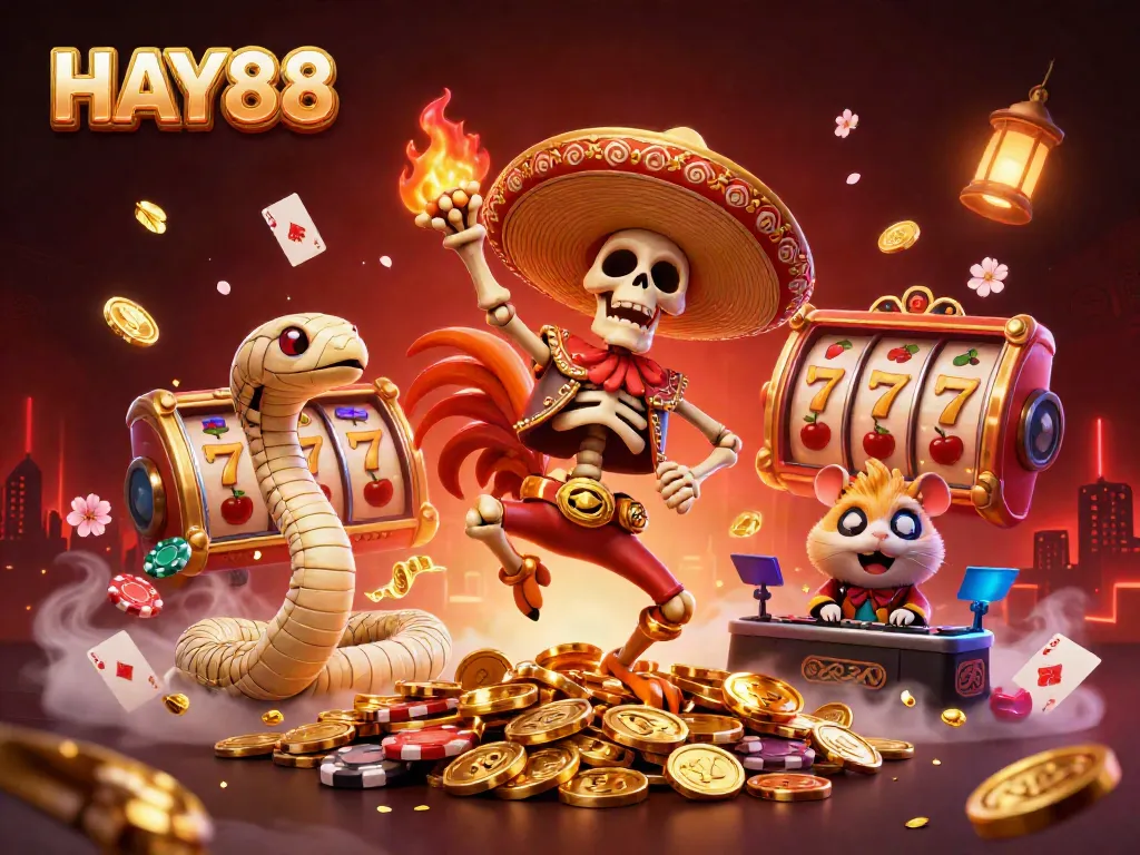 Experience the dynamic world of HAY88 with an exhilarating casino-themed illustration full of vibrant 3D characters and game elements.