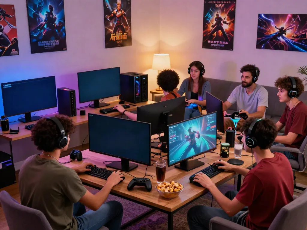 Friends enjoying games not on gamstop in a cozy living room setup.