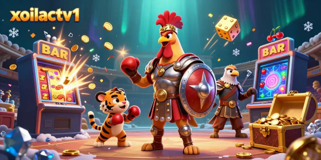 Engage in vibrant gaming with xoilactv1's captivating 3D casino illustration showcasing jackpots and excitement.