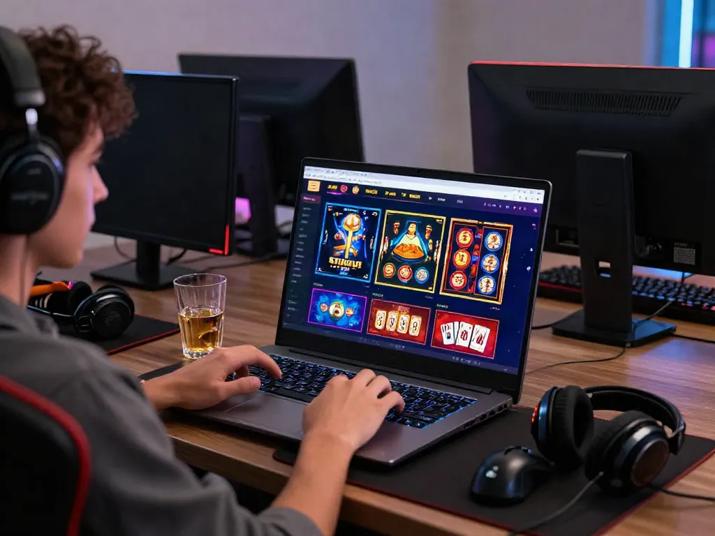 Engaging gaming setup displaying games not on gamstop on a laptop screen, creating an immersive online casino atmosphere.