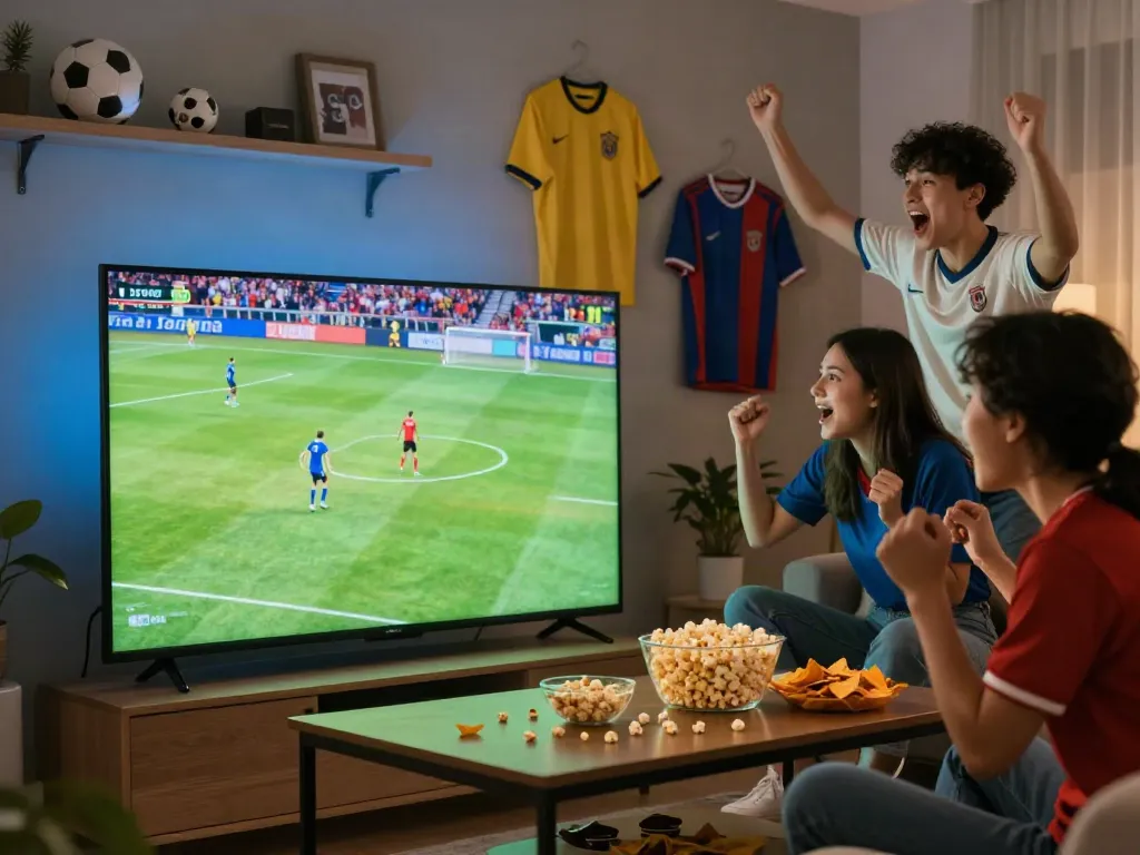 Excited viewers enjoying Thapcamtv soccer game in a lively modern living room.