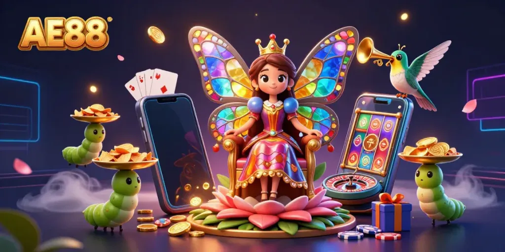 Engage with the thrilling AE88 casino scene featuring vibrant characters and exciting game elements like slot games and poker.