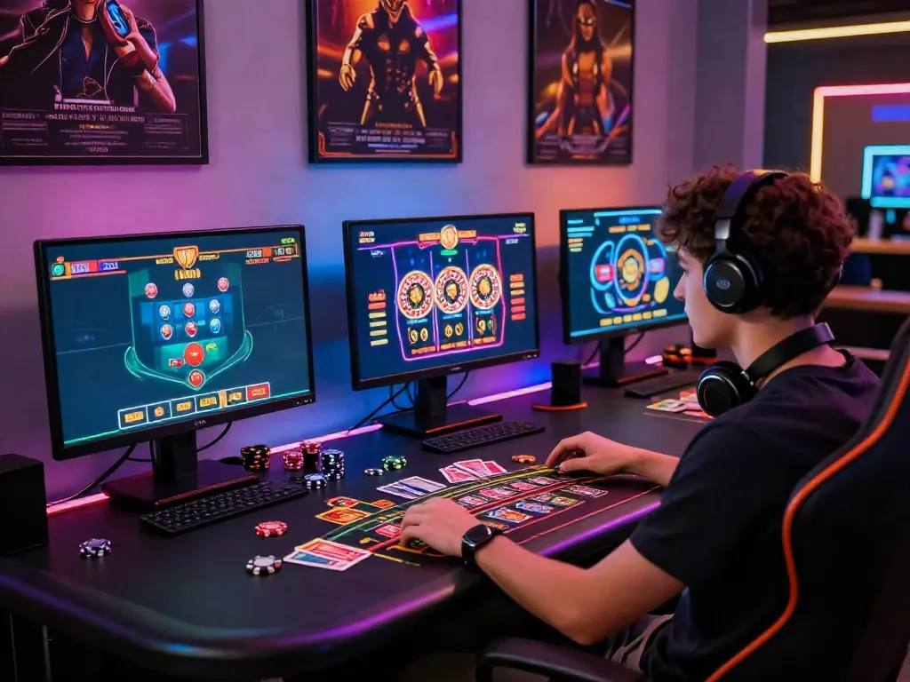 Engaged gamer playing games not on GamStop at modern gaming setup