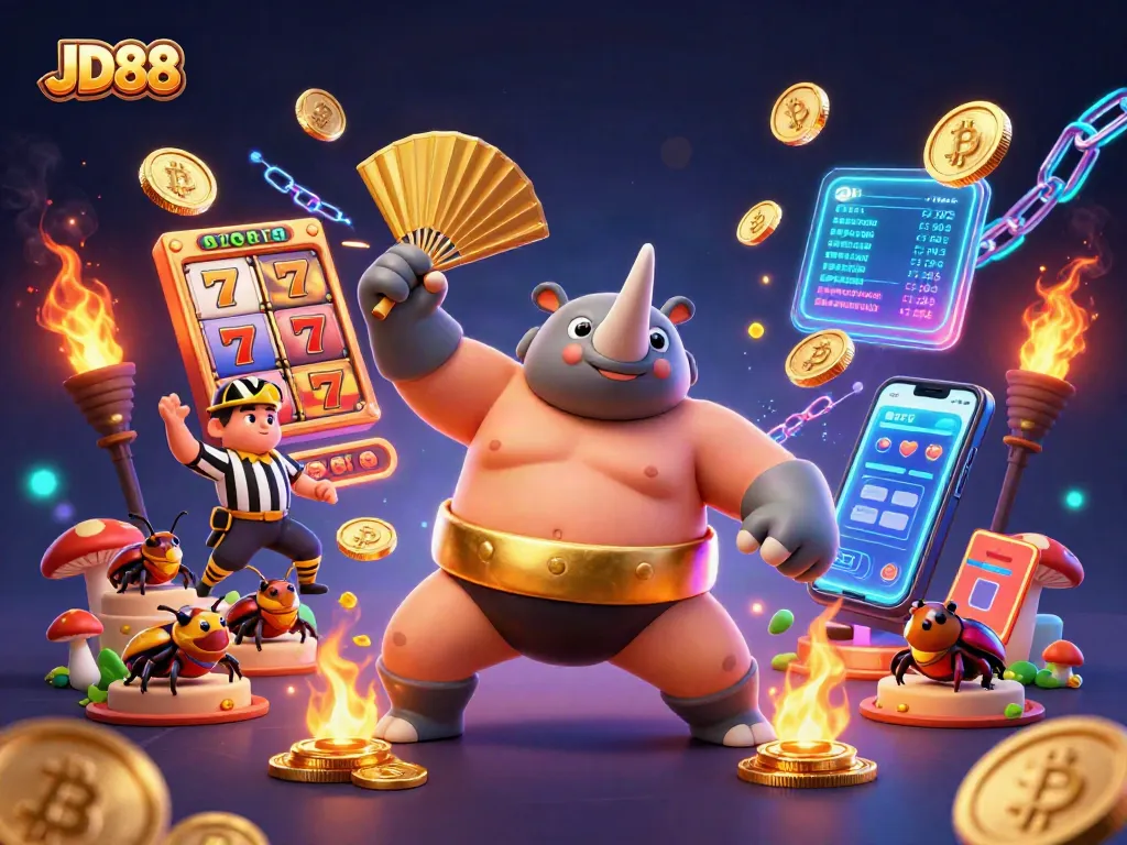 Join the excitement at JD88 with a thrilling sumo beetle showdown surrounded by slot reels and cryptocurrency!