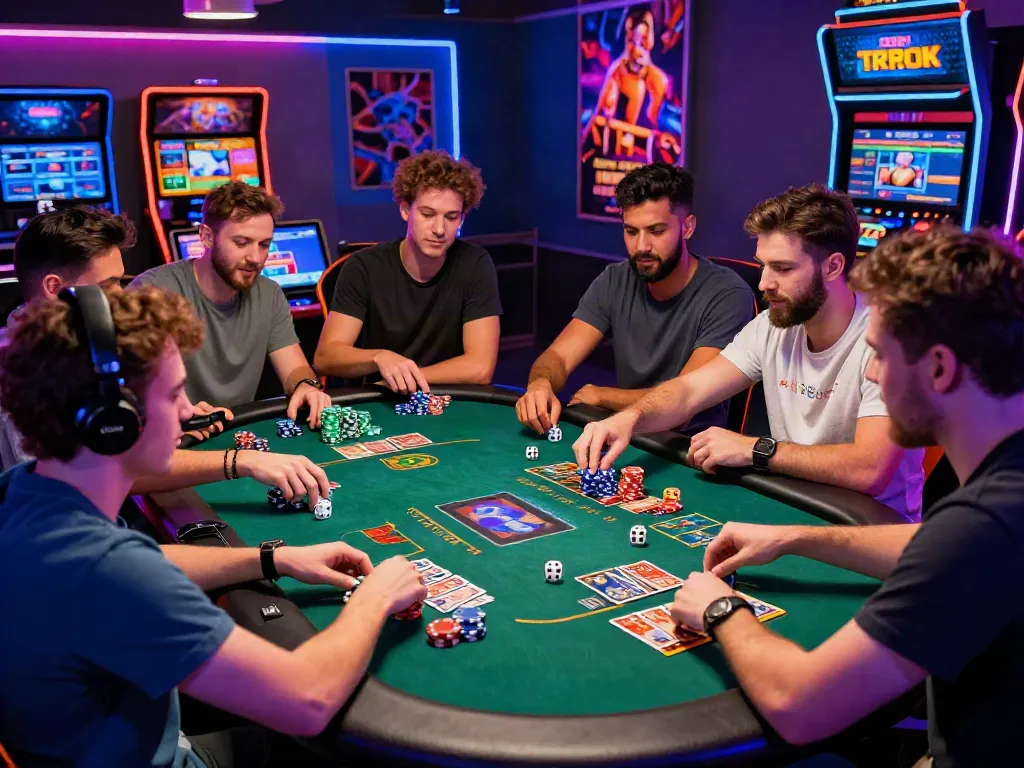 Friends enjoying games not on GamStop at colorful gaming table.