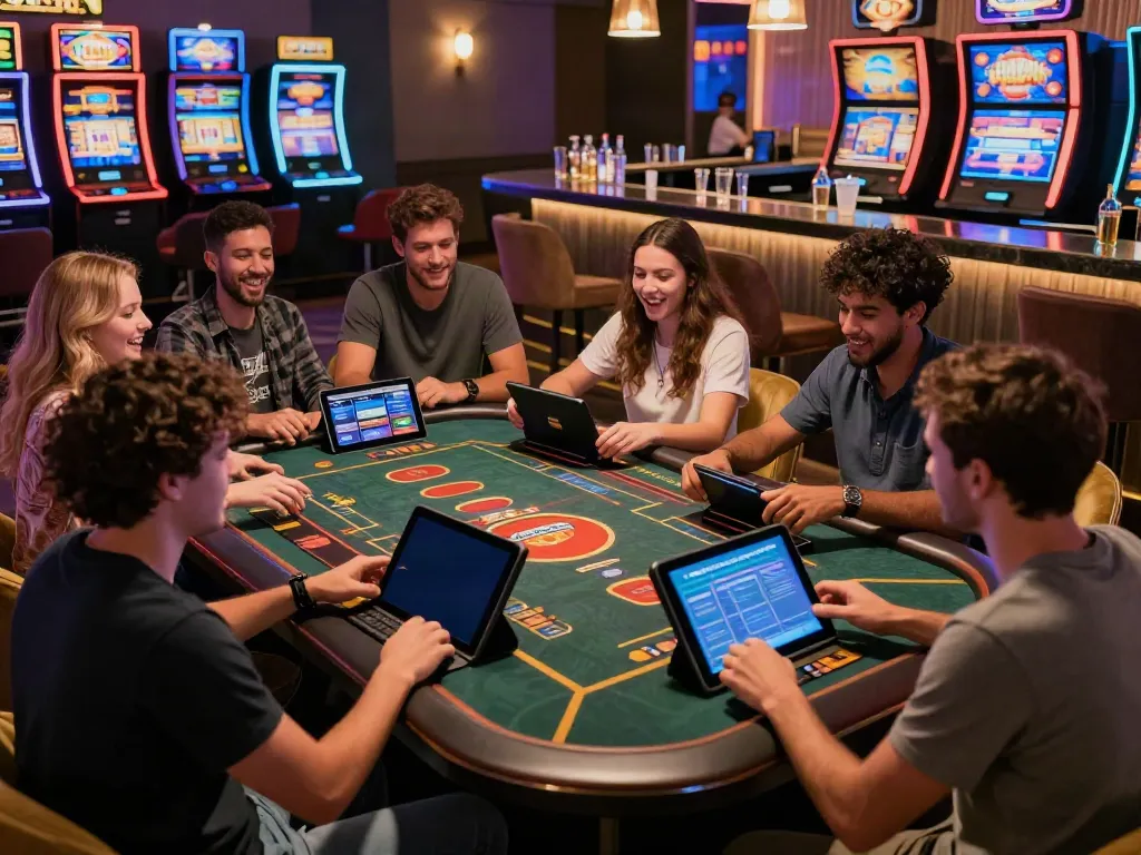 Friends enjoying games not on GamStop in a lively casino lounge atmosphere.