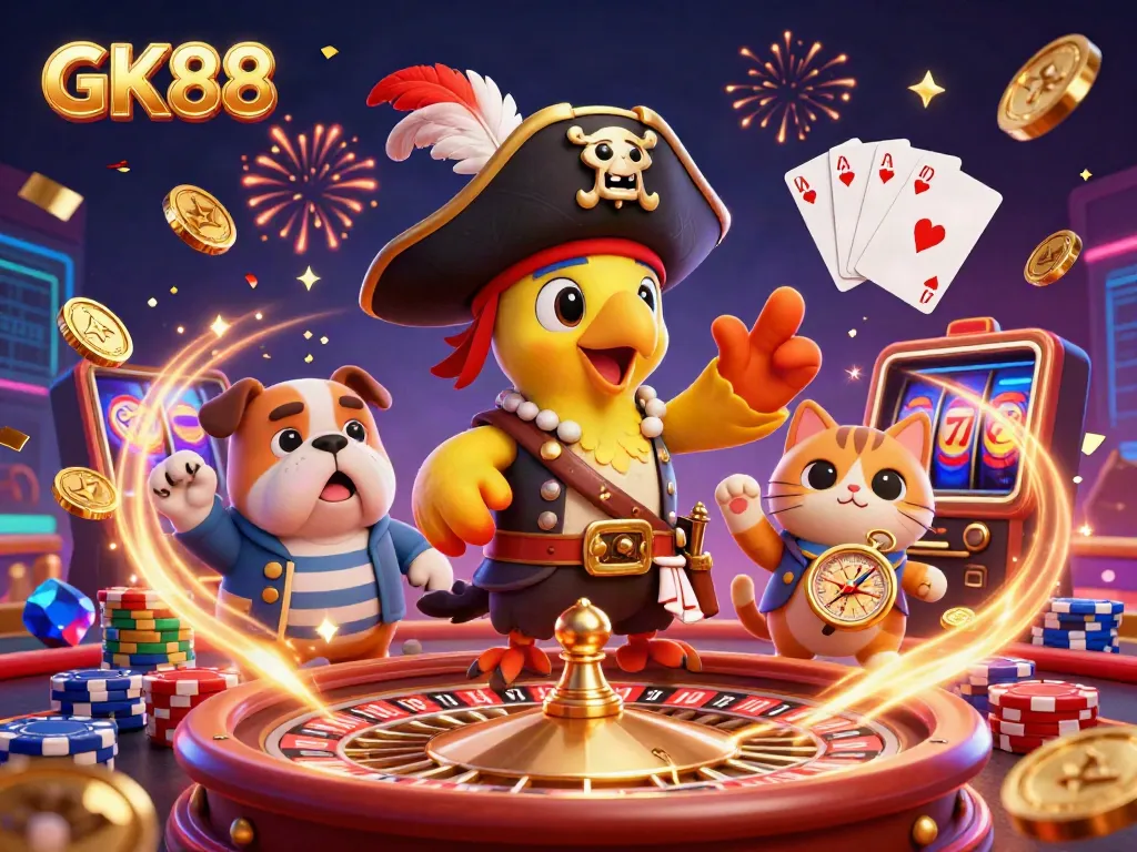 GK88 themed casino scene with a pirate captain parrot and vibrant game elements, showcasing excitement.