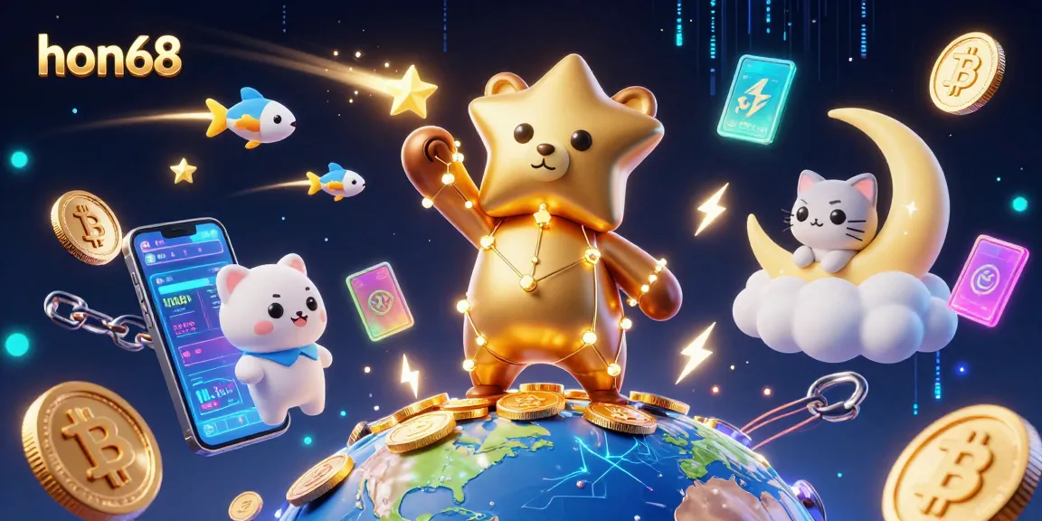 Engage with winning strategies at hon68, featuring cartoon bear collecting coins and crypto elements.