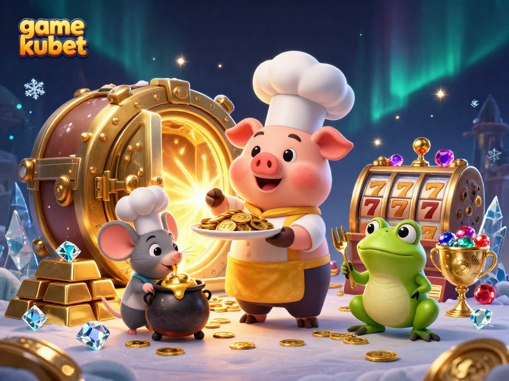 Win big with game kubet in this vibrant 3D casino scene of exciting characters and golden treasures.