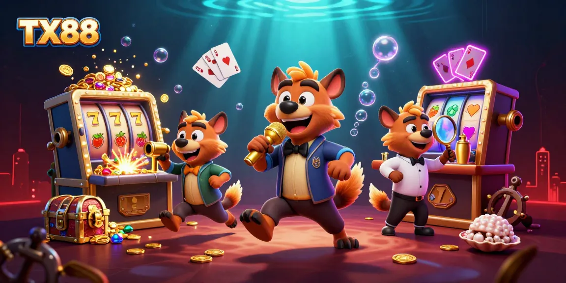 Experience the fun of TX88 with a lively casino scene featuring comedic hyenas and engaging game elements.