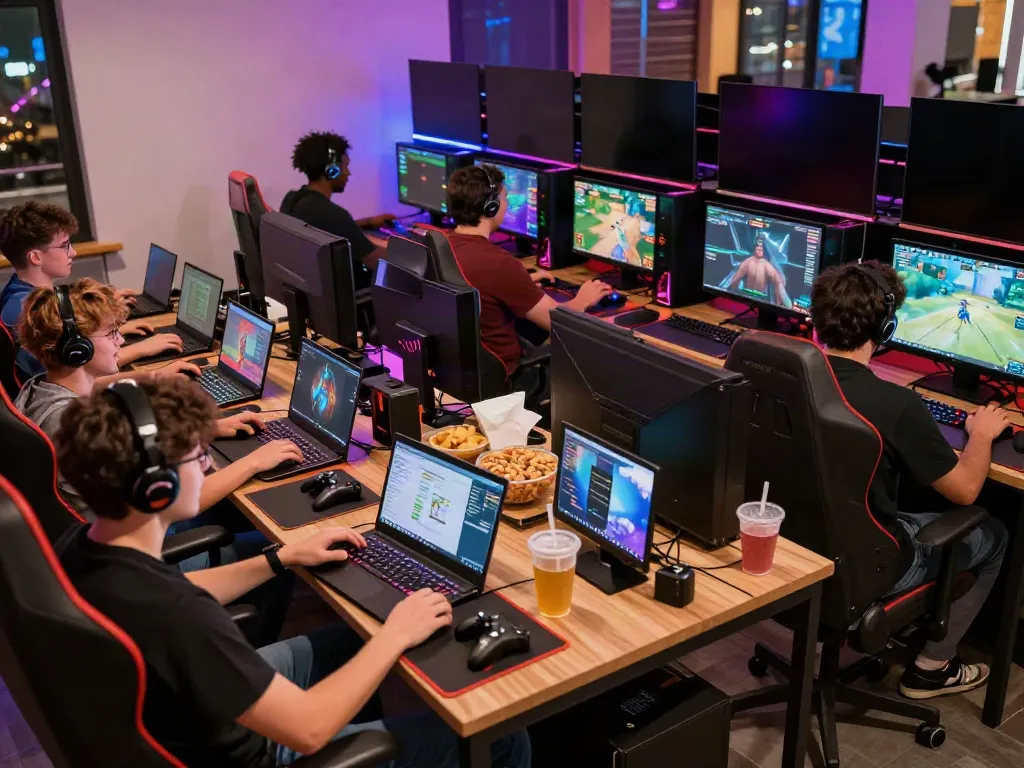 Exciting gaming atmosphere featuring players enjoying games not on GamStop with vibrant LED lighting and interactive setups.
