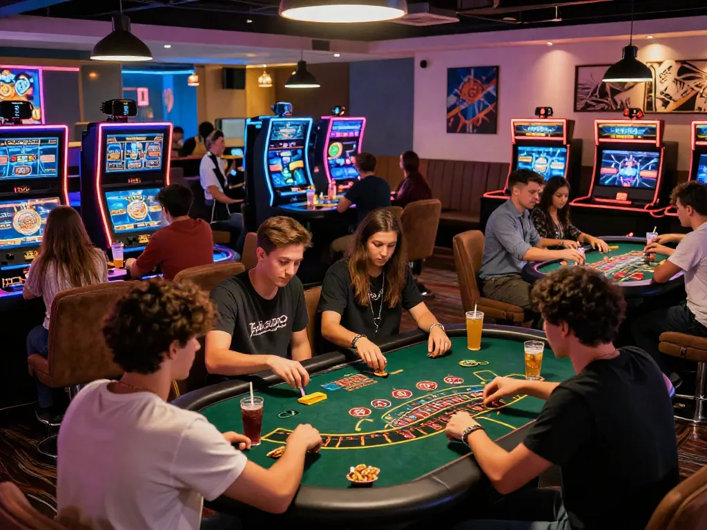 Exciting gaming lounge showcasing games not on GamStop with diverse players engaged in casino action.