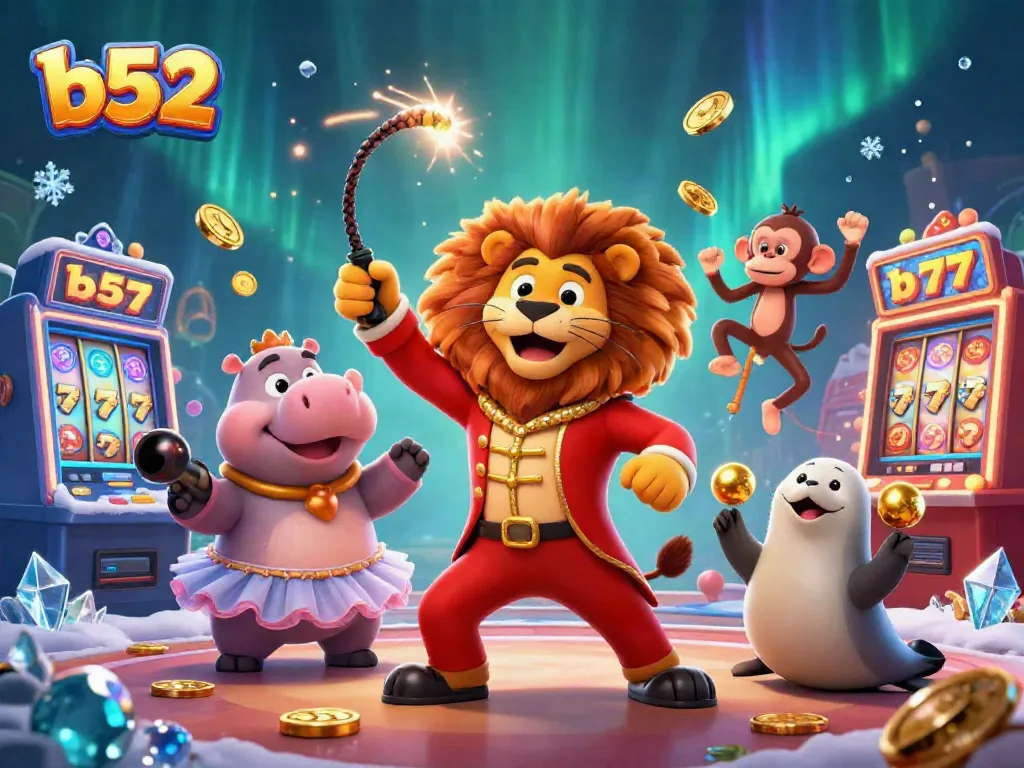 Engage in thrilling b52 slot action with lively circus characters amid vibrant game elements and excitement.