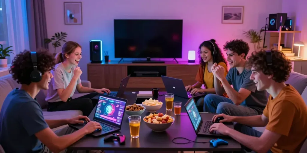 Exciting gaming night with friends playing games not on gamstop in a vibrant living room.