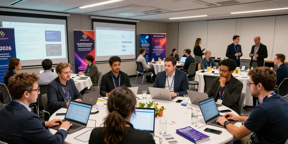A dynamic tech conference scene for blockchain 2026, featuring diverse professionals discussing decentralized solutions and innovations in a modern hall filled with visual displays.