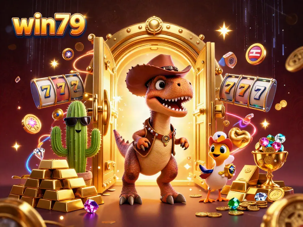 Win79 features a vibrant 3D scene with a cowboy T-Rex, cactus, and roadrunner around jackpot elements, ideal for online gamers.