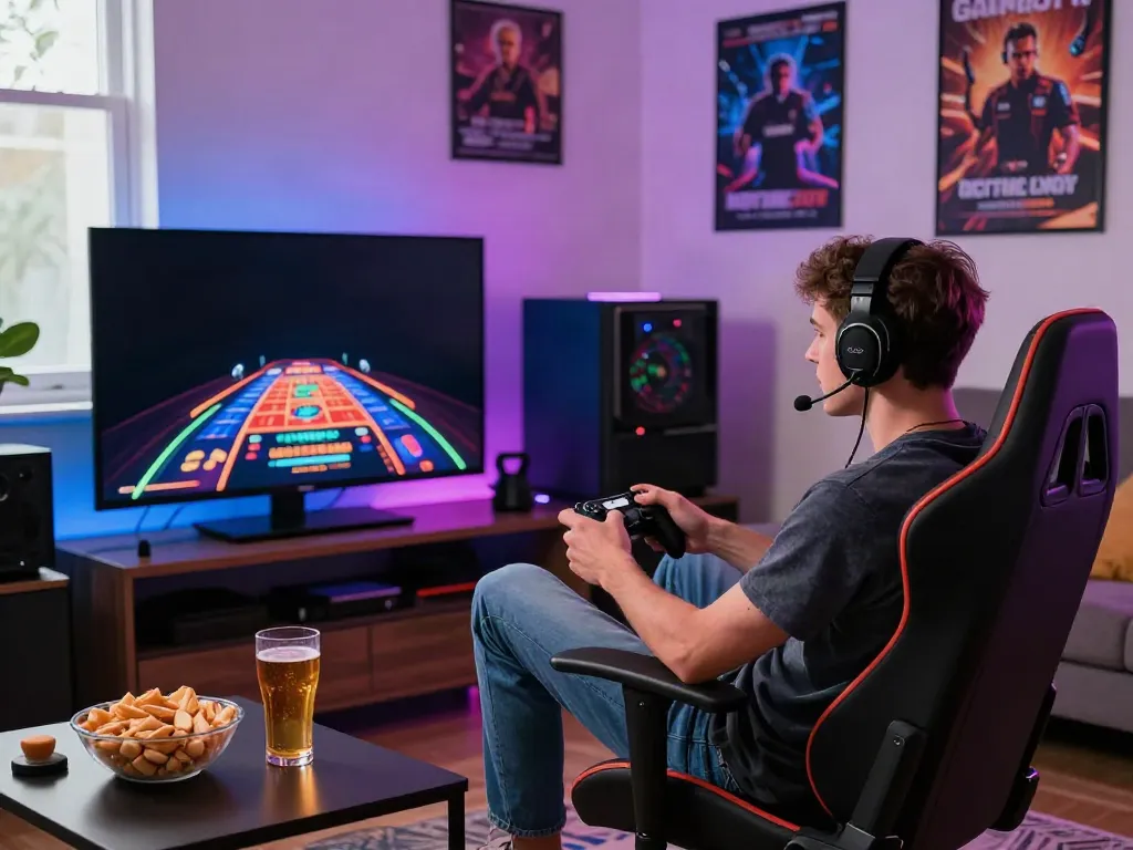 Youthful gamer engrossed in games not on GamStop amidst a vibrant living room.
