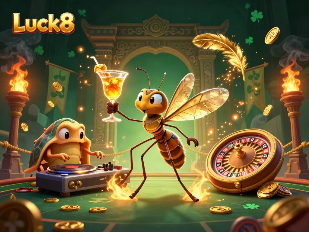 Experience Luck8's vibrant casino world with a golden roulette and lively casino mascot.