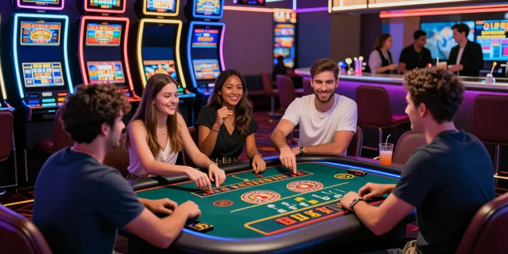 Friends enjoying games not on GamStop at a vibrant online casino.