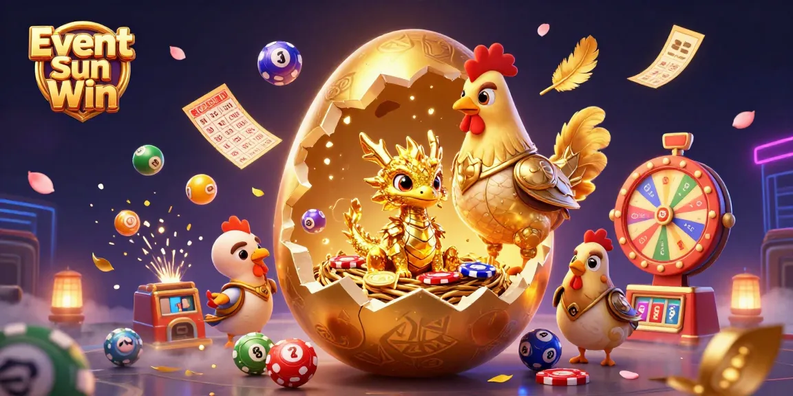 Event Sun Win showcases a golden egg revealing a crystal dragon amidst vibrant casino elements.