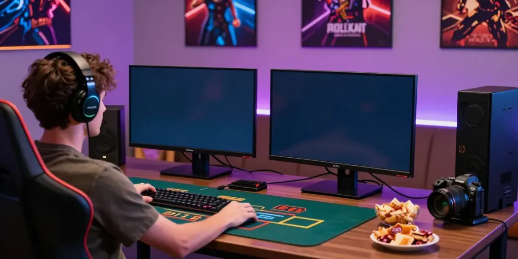 Exciting gaming setup showcasing games not on gamstop with dual screens and vibrant lights