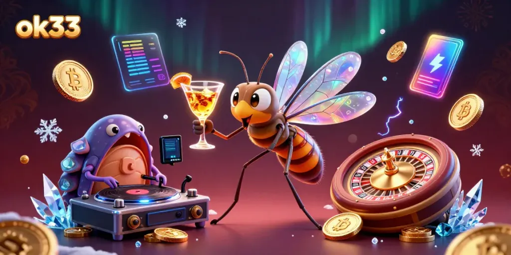 Experience a vibrant casino atmosphere with ok33's captivating digital art, featuring unique characters and neon crypto elements.