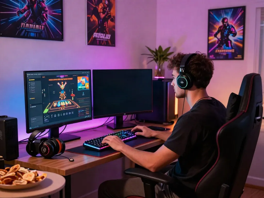 Exciting gaming setup showcasing games not on GamStop in a cozy living room with vibrant lighting and gaming accessories.