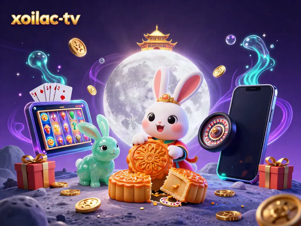 Xoilac-TV offers a rich, vibrant gaming experience with a cartoon moon rabbit celebrating casino themes.