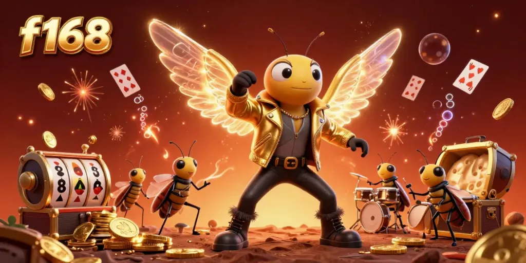 Experience f168 excitement with a rock star cicada, vibrant coins, and thrilling casino games.