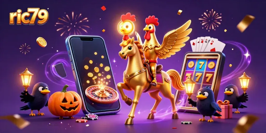 Engage in exciting slot action with ric79 as a golden rooster leads in a thrilling casino adventure.