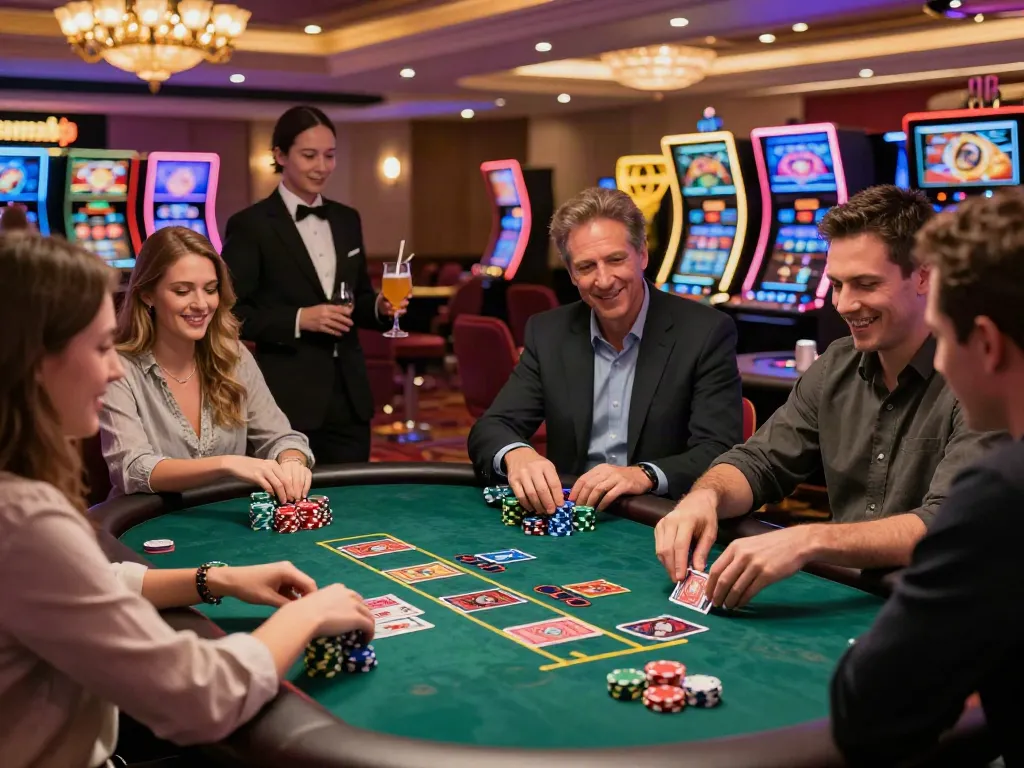 Exciting casino atmosphere showcasing games not on gamstop with players enjoying blackjack and roulette in a lively setting.