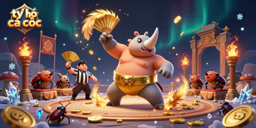 Tỷ lệ cá cược showcased with a powerful 3D beetle champion amidst gold coins and dynamic betting action.