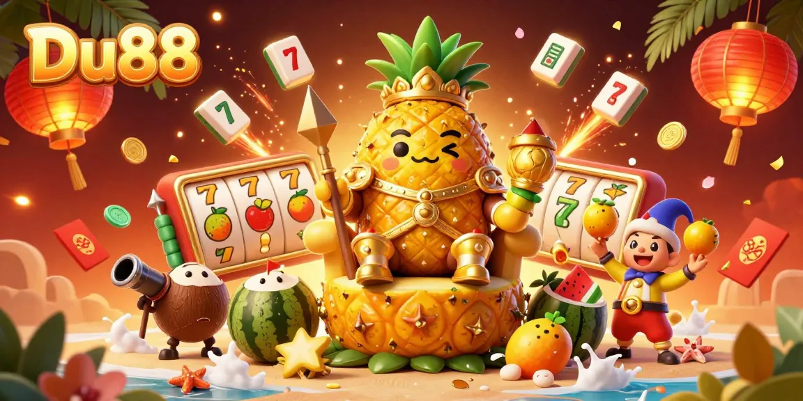 Engage in the vibrant Du88 beach casino scene featuring a pineapple king and festive gaming elements.
