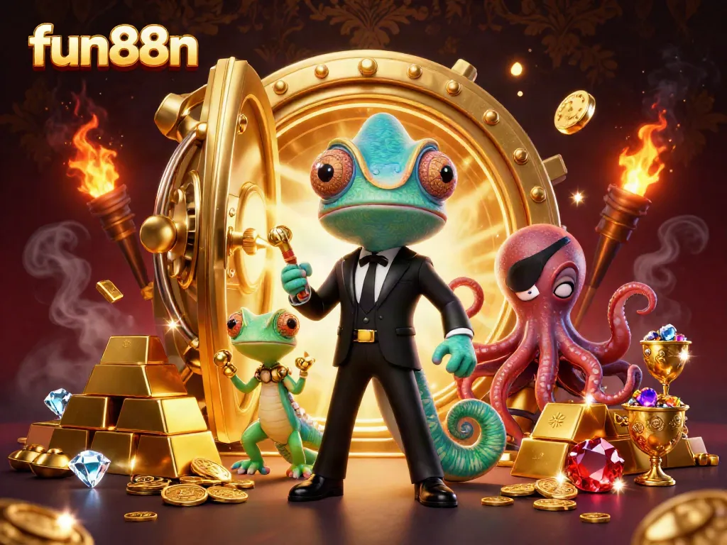 Join the fun88n experience with a vibrant cartoon scene full of treasures and thrilling characters in an online casino setting.