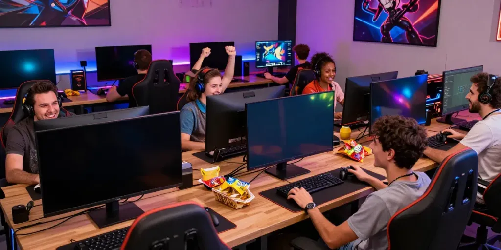 Friends enjoying games not on GamStop in a lively gaming lounge.