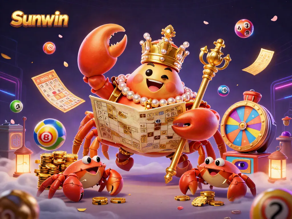 Experience the excitement of Sunwin with a golden crab emperor surrounded by dynamic casino elements and treasures.