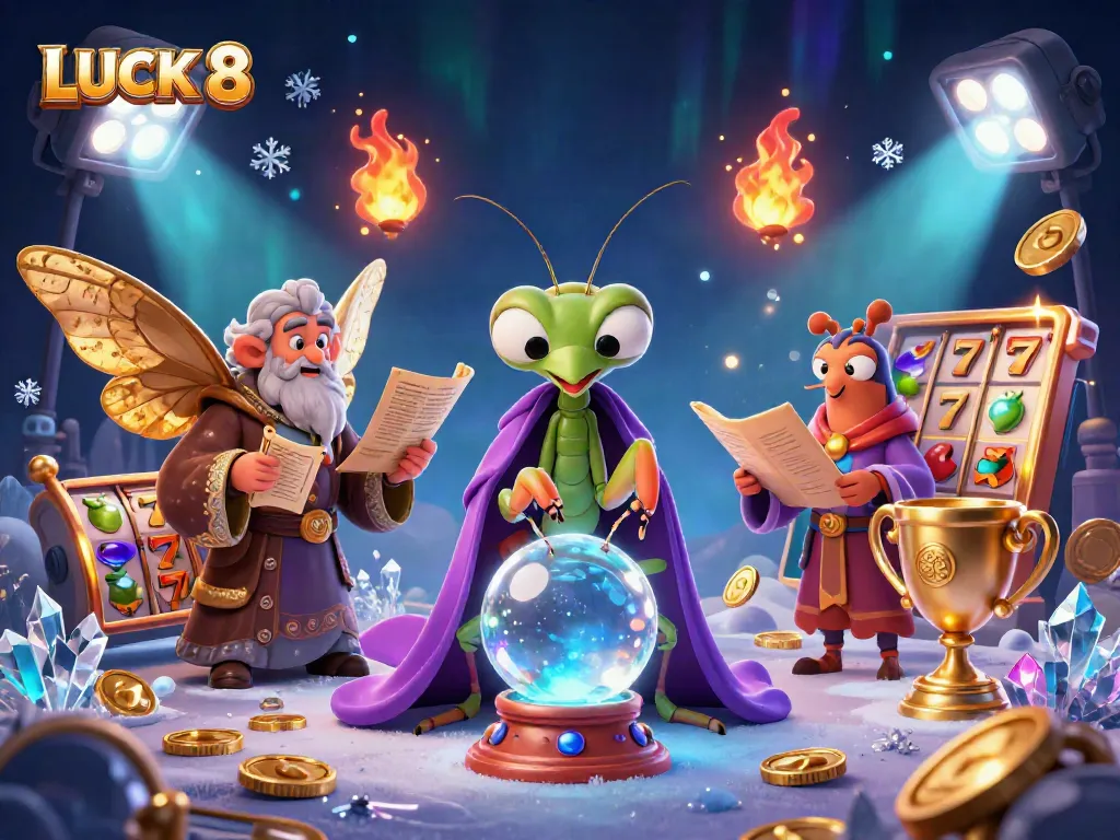 Experience LUCK 8 with a vibrant, ultra-detailed 3D scene featuring gaming elements and mystical characters.
