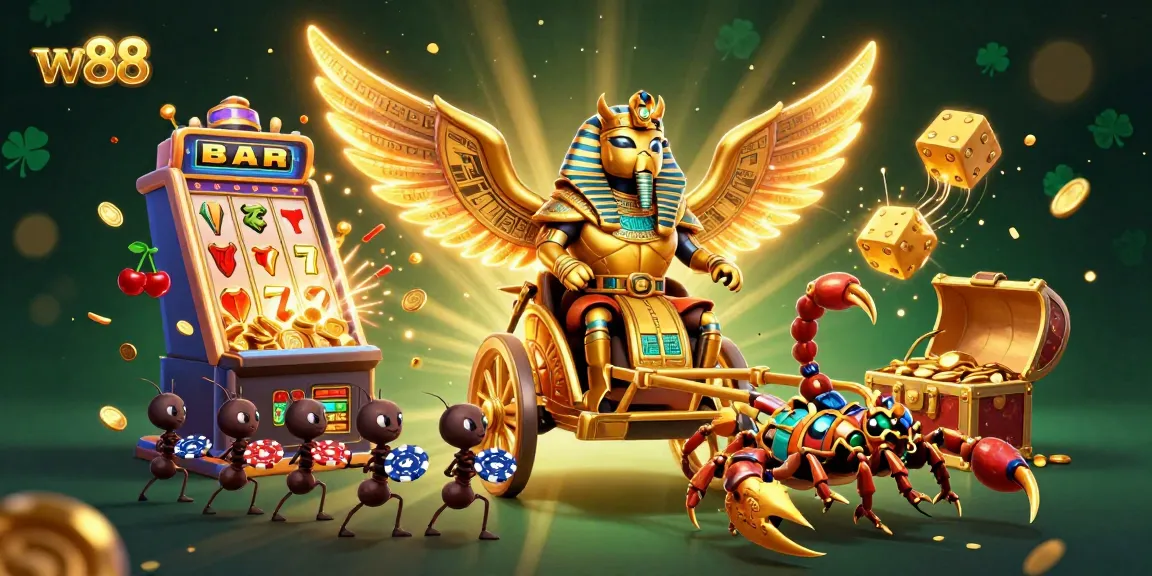 Engage in thrilling gaming with w88 as a colossal scarab beetle and vibrant casino elements come alive.