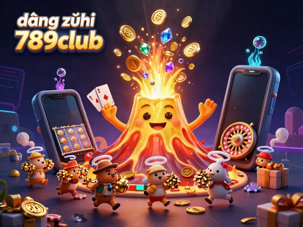 Join the fun at đăng ký 789club with a golden volcano spilling gems and coins in an exciting casino adventure.