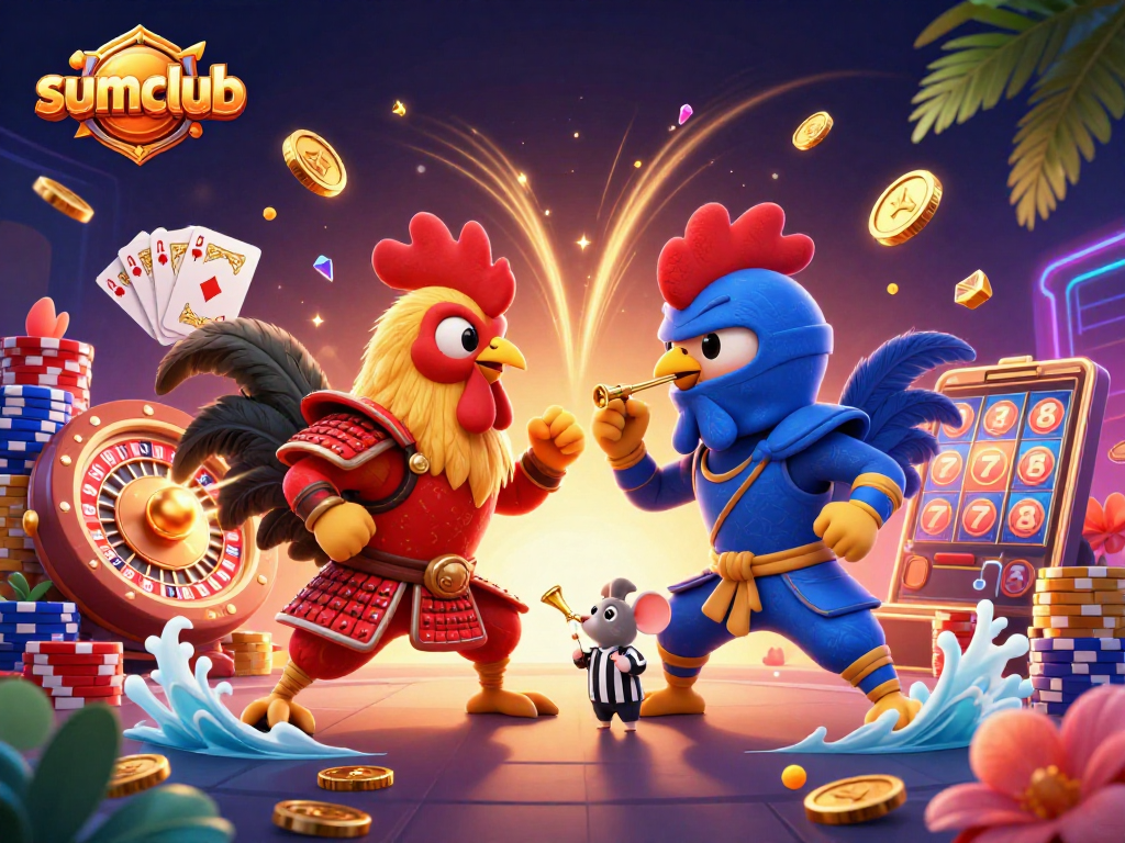 Experience thrilling action with sumclub featuring samurai and ninja roosters amidst cascading coins and game elements.