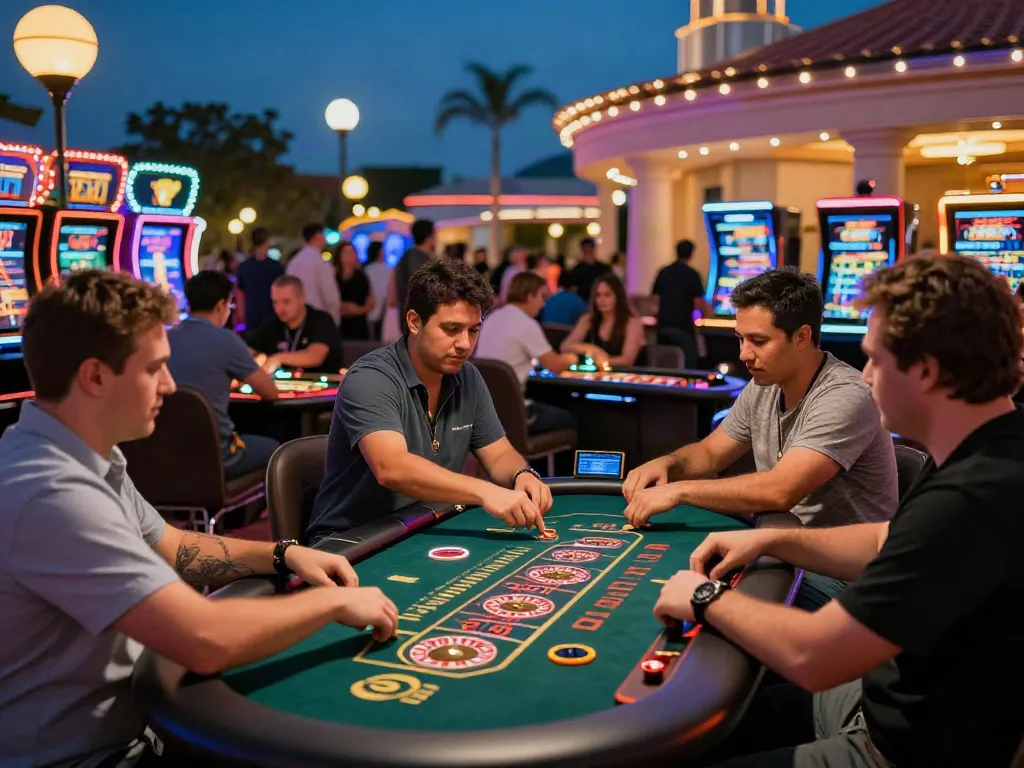 Players enjoying games not on gamstop at a lively outdoor casino.