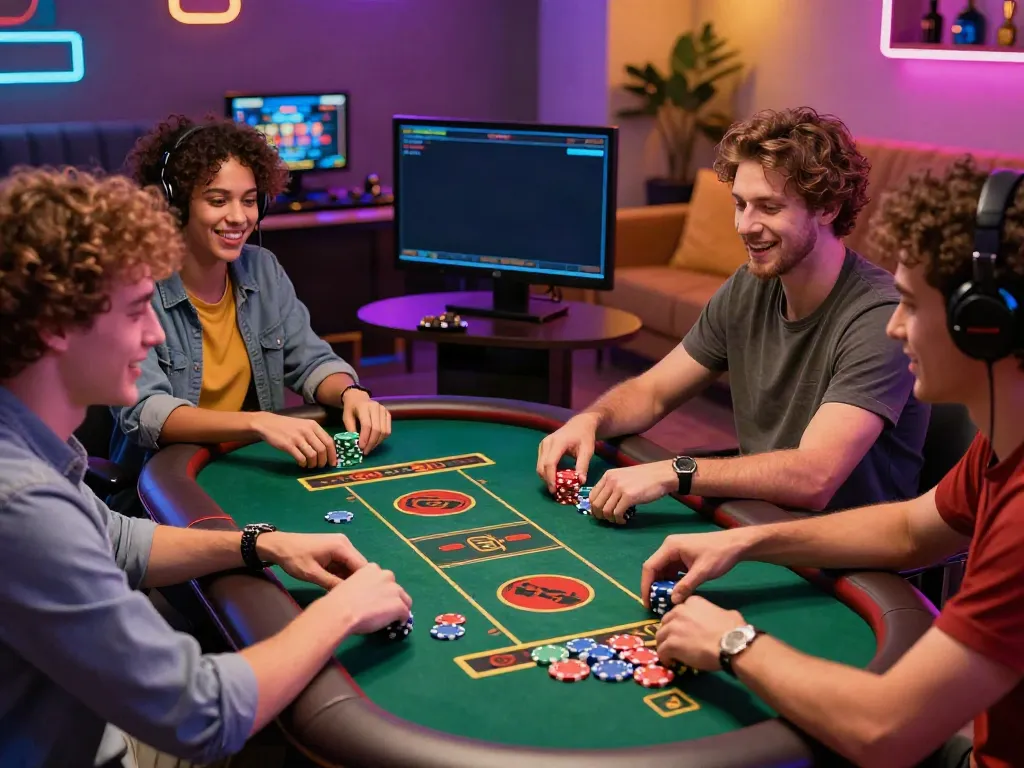 Friends enjoying games not on gamstop in a lively gaming lounge.