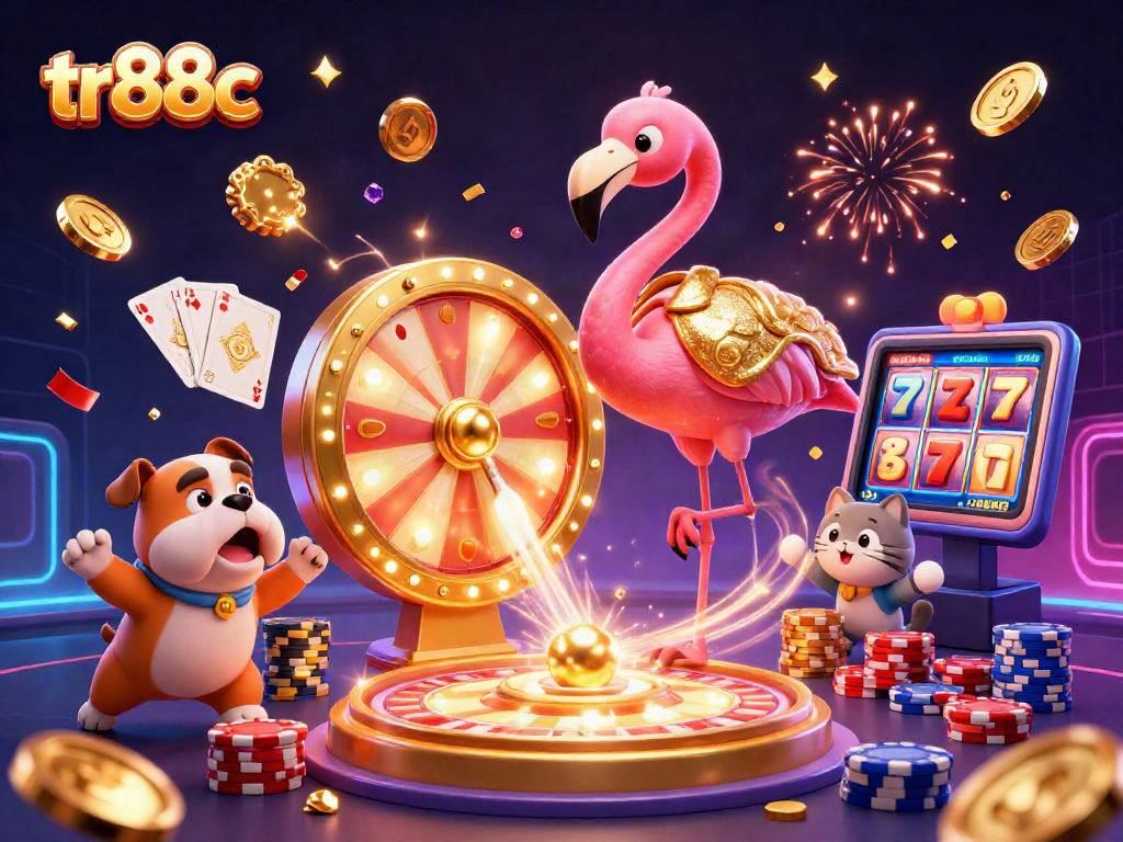 tr88c creates excitement with a flamingo host, bulldog contestant, and prize reveal in a vibrant casino scene