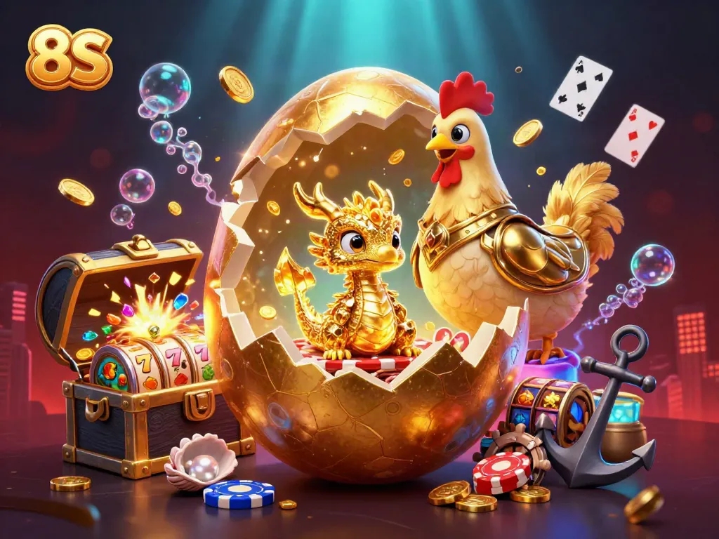 Win big with 8S in this vibrant casino-themed illustration featuring a golden dragon and poker chips.