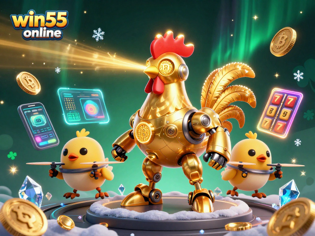 Experience thrilling gameplay with win55 online's golden rooster robot and crypto elements.