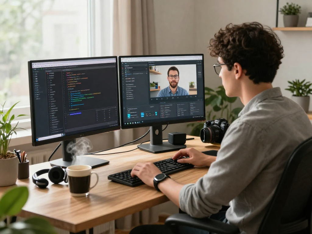 IT professional using ToDesk in a remote desktop support setup, showcasing a modern home office.