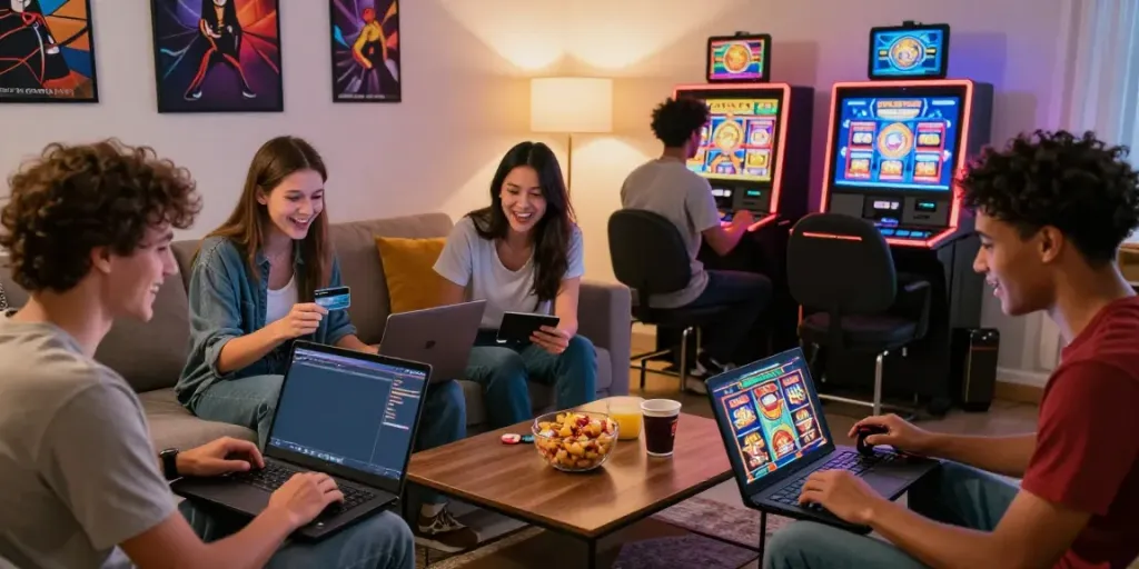 Friends enjoying online casinos that accept credit cards in a cozy living room, showcasing excitement and engagement.