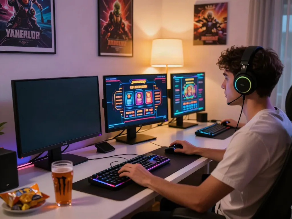 Gamer enjoying games not on gamstop in a stylish home gaming setup